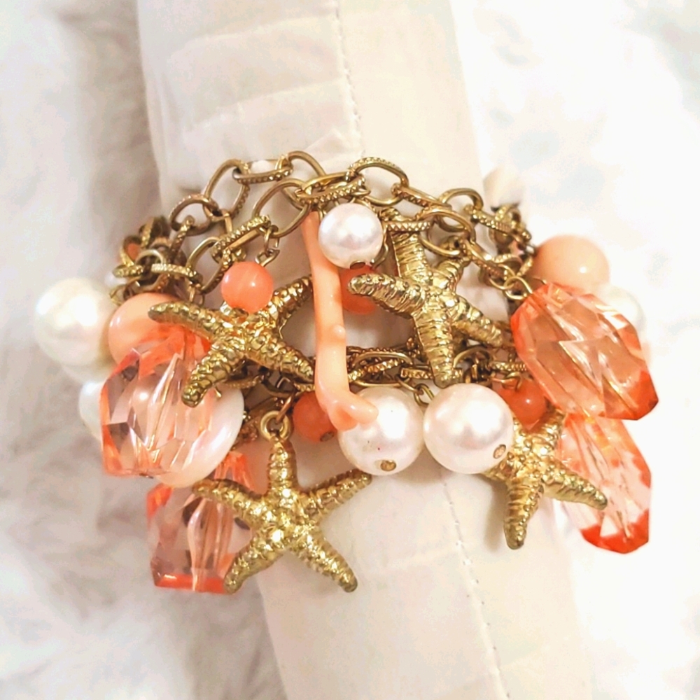 Goldtone faux pearls starfish peach acrylic shells bracelet